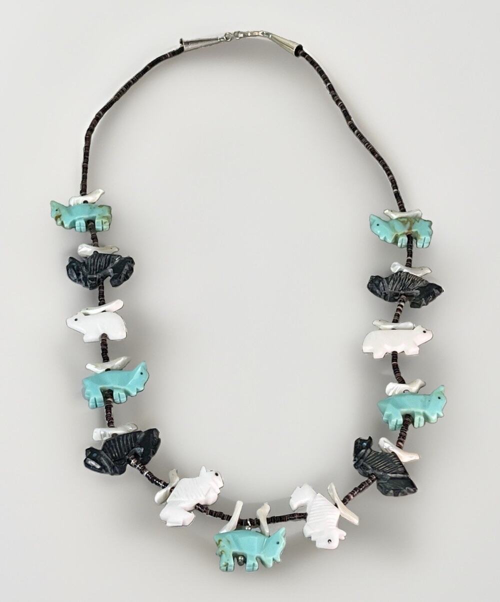 Native American ZUNI Carved Turquoise MOP Animal Fetish Heishi Necklace